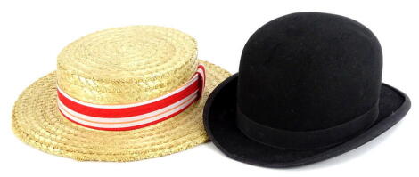 A gentleman's lightweight bowler hat, size 6 7/8 and an Olney straw boater, size 6½.