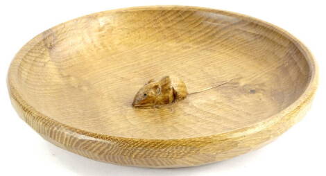 A Robert Mouseman Thompson bowl, carved centrally with a mouse, 29cm diameter.