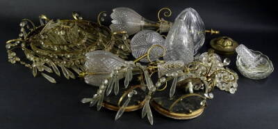 Miscellaneous light fittings, to include a ceiling light with cut glass drops and beads, incomplete wall light, other light fittings parts, etc.