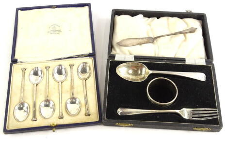 A collection of small silver, to include a christening set engraved to Francis, comprising spoon, fork, butter knife, and a set of six seal top coffee spoons retailed by Mappin and Webb, etc., 4oz.