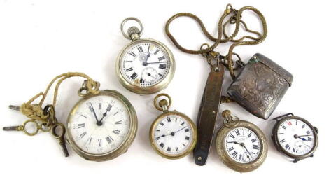 A collection of items, to include a silver Vesta case bearing date 1957 to the oval cartouche, a silver mounted fruit knife stamped 1911, and various continental white metal and other pocket and fob watches (7).