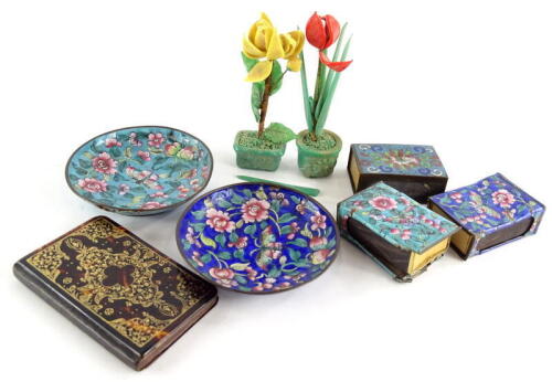 Miscellaneous oriental items etc., to include a pair of coloured glass flowers (AF), a cloisonne match holder, two Canton enamel match holders, and a simulated tortoiseshell promotional diary for S.C.W. Limited 1955.