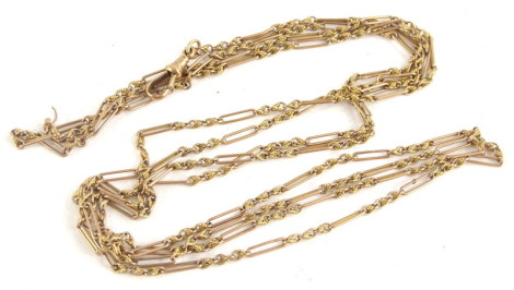 A longuard chain, with later applied 9ct gold clip, of elaborate three part twist and bar design, (AF), chain unmarked 140cm long overall, 20g.