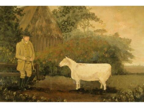 John Boultbee (19thC). A na?ve picture of a farmer with sheep in landscape