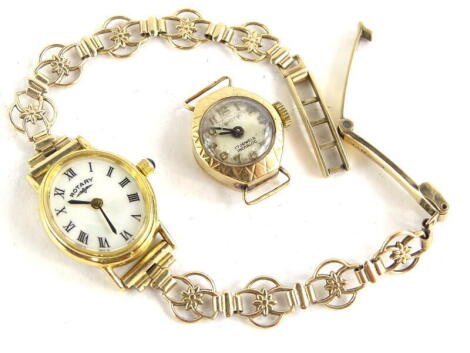 A Rotary ladies wristwatch, in a 9ct gold bracelet, with base metal watch head, 11.8g all in, together with a 9ct gold small watch head, marked Verity (2).