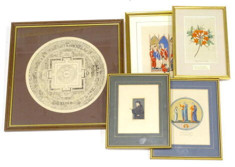 A collection of three religious coloured prints, to include female Drefus of the 12thC, a monochrome design possibly for a garden, etc., possibly Indian, and after W. Curtis, a coloured hand coloured botanical engraving of an azalae nudflora (5).