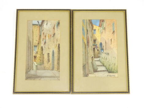 Bernardin Righetti (19th/20thC). Continental street scene, possibly Italy, watercolours, a pair, signed lower right, 23cm x 13.5cm.