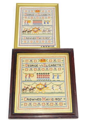 Two similar George VI and Queen Elizabeth II commemorative samplers, each dated 1937, one by a C.M. Wright, 39cm x 32cm and 35cm x 27cm respectively.