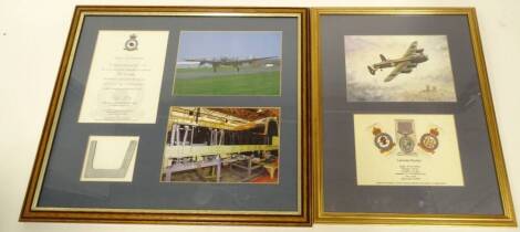 A section of the old spar of the BBMF Lancaster Bomber during the Winter refit of 1995-1996, framed and glazed with certificate and photographs, and a further pictorial tribute. (2)