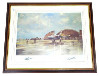 After Roderick Lovesey. Fifty Years On, The Spitfire to the Tornado, RAF Coningsby, artist signed print.