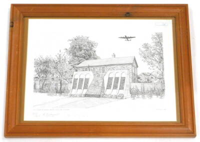 After Kay Buckingham. The 617 Dambuster Squadron Memorial, Woodhall Spa, artist signed limited edition, also signed by George (Johnny) Johnson, 29cm x 40cm.