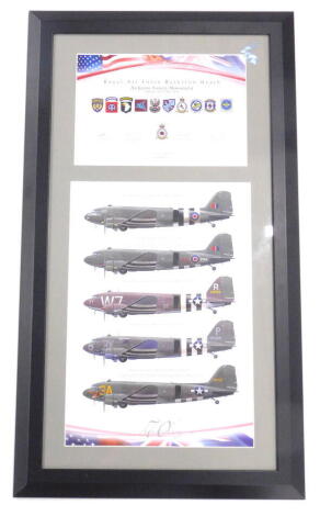 A print of the Royal Air Forces Barkston Heath Airborn Forces monument, dated 31st May 2014, with five printed signatures above images of Five Douglas aircraft, to commemorate the 70th anniversary.