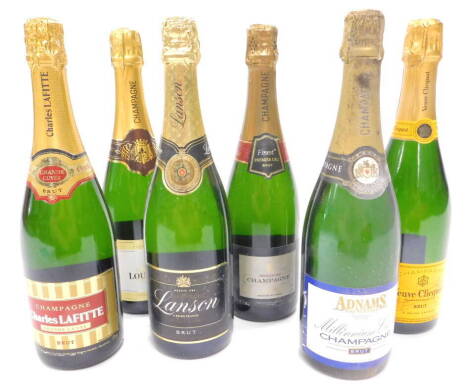 Six bottles of various Champagne, to include Lanson, Veuve Clicquot, Charles Lafitte, Louis Vertay, a Millennium Champagne supplied by Adnams, etc.