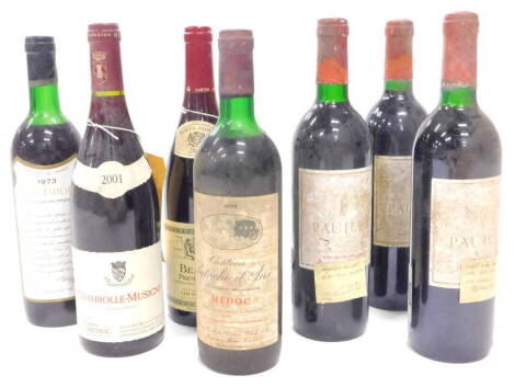 Various bottles of French red wine, to include Saint Emillion 1973, Beaune Premier Cru Louis Jadot 2011, Chambolle-Musigny 2001, and Pauillac 1990, etc., (7).