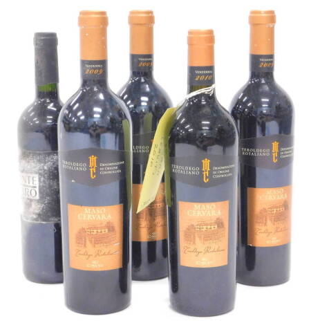 Four bottles of Masso Servera Teroldego Rotaliano, and a bottle of Monte Dabro (5).