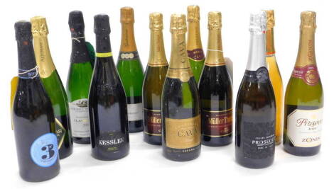 Miscellaneous bottles of sparkling wine, to include Prosecco, Muller Thurgau, etc., (13).