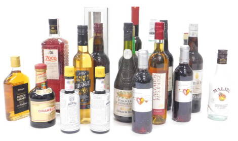 Miscellaneous bottles of spirits etc., to include Barcardi, French brandy, Malibu, Drambuie, etc.