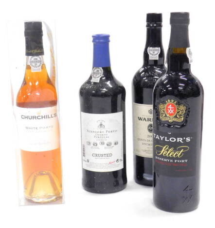 Four various bottles of port, to include Warre's 2002 Vintage, Taylor's Select port, Napoleon Niepoort Crusted 2012, and Churchill's white port, (4).