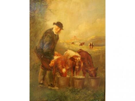 G Carter. A farmhand feeding calves in a landscape