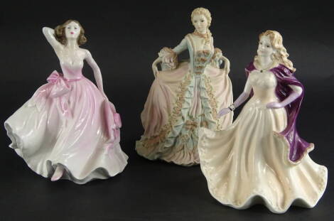 A Coalport figure Demelza Poldark Collection, 21cm high, Ladies of Fashion Vivien and Young Love, printed marks beneath (3).