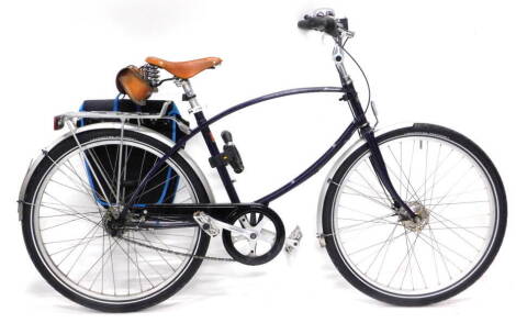 A Pashley X Paramount gentleman's bicycle, with a navy frame, Brooks seat and single pannier.