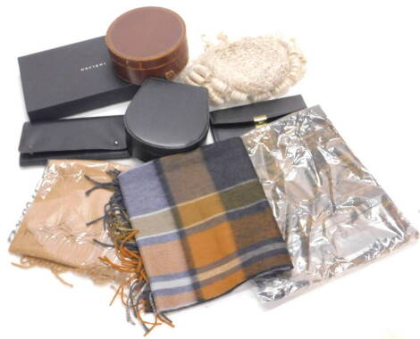 Various cashmere scarves, other leather goods, barrister's wig, etc., (a quantity).