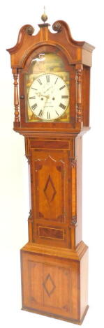 Pearce of Grantham. A mid 19thC longcase clock, the oak mahogany and rosewood cross-banded case with turned pillars, swan necked pediment and brass finial, the arched dial painted with female figure, a dog and ruined churches, 8 day four pillar movement, 