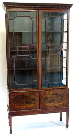 An Edwardian mahogany display cabinet, the top with a Greek key moulded cornice with two astragal glazed doors with fixed shelves and glazed sides, the base with two doors each with oval panels on square tapering legs and splayed feet, 196cm high, 107cm w