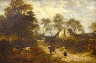 Thomas Henri Thomas (1839-1915). Cattle watering by country lane, oil on canvas, signed, 49.5cm x 75cm.