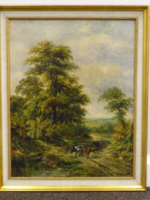 H.W. Reed (19thC). Driving cattle in country landscape, oil on board, signed, 54.5cm x 42.5cm. - 2
