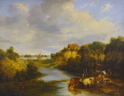 19thC British School. River landscape with sailing boats, cottage and cattle watering, oil on canvas, 70cm x 90cm.