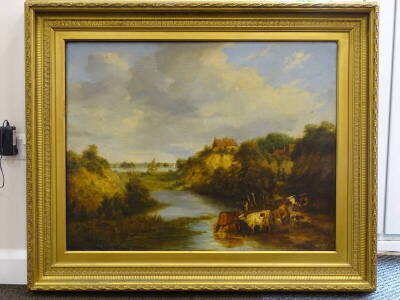 19thC British School. River landscape with sailing boats, cottage and cattle watering, oil on canvas, 70cm x 90cm. - 2