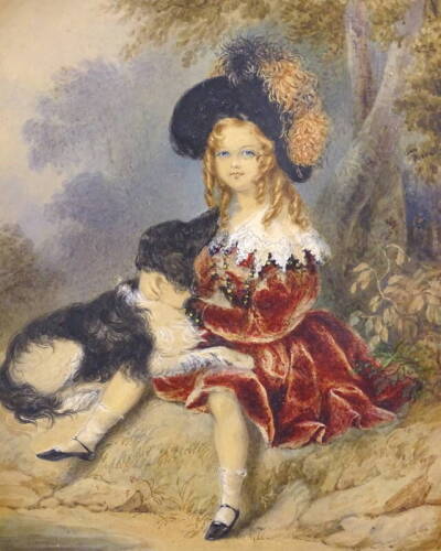 Emily Scott (act.1826-1860). Portrait of a young girl sitting with a dog, watercolour, signed, 35.5cm x 29.5cm.