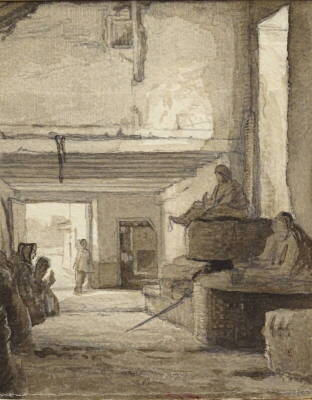 18thC School. Figures in an interior scene, watercolour, 15.5cm x 12.5cm.