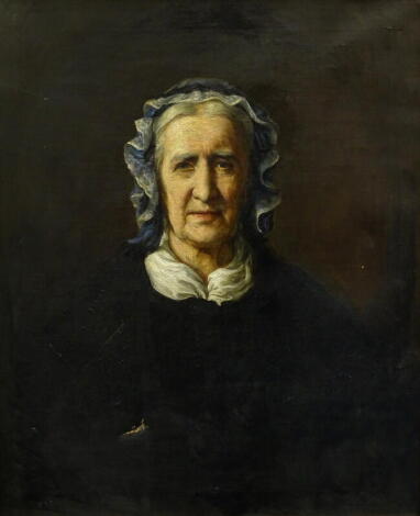 19thC British School. Head and shoulders portrait of a lady waring a bonnet, oil on canvas, 73cm x 60cm.