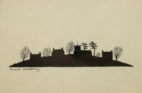 •Vincent Haddelsey (1934-2010). Church landscape - Silhouette, ink, signed, 11cm x 17cm, and another figures (2).
