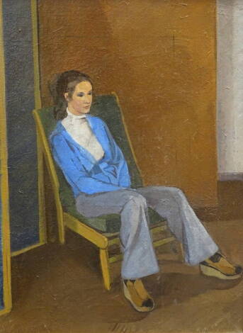 •Alf Ludlam (1941-2018). Mary McLennan in blue cardigan, oil on canvas, signed, dated 1976, titled verso, 39.5cm x 29.5cm.