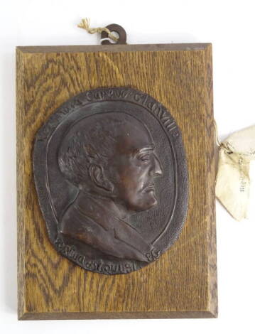 •20thC English School. Reginald Carew Glanville, oval bronze portrait plaque facing sinister, cast with sitter's name, motto 'fortun estoui si' (If fortune be) and initials E.G., 22cm x 16cm. Note: Glanville (1836-1930) was called to the bar in 1861. 