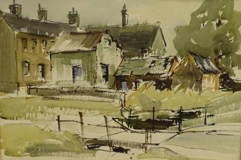 •Angus Bernard Rands (1922-1985). River scene with cottages and bridge, watercolour, indistinctly signed, 37cm x 55cm and another (2).