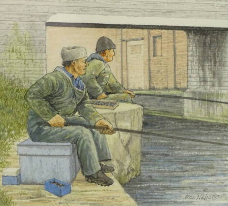 Rex Nicholls (1942-2019). Fishermen, watercolour, signed and titled verso, 15cm x 16cm and four other works (5).