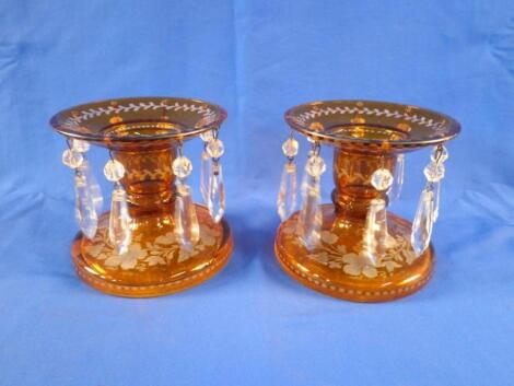 A pair of Bohemian type amber tinted table lustres