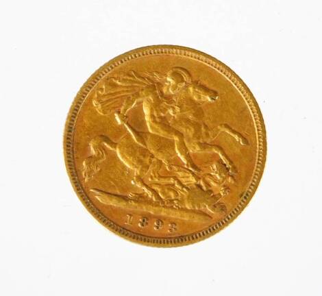 A Victorian gold half sovereign, dated 1893.