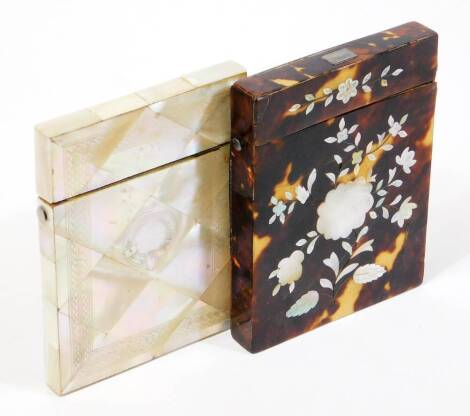 A Victorian tortoiseshell and mother of pearl card case, of rectangular form, enriched with flowers with a plain interior, 10.5cm high, 8cm wide, 1.5cm deep, and a further mother of pearl card case, with vacant cartouche and diamond design. (2)