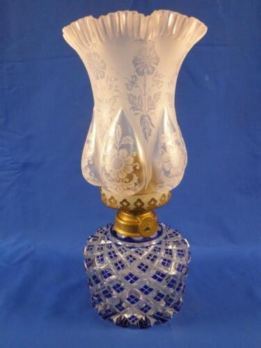 A Victorian oil lamp, the Bohemian type base in blue overlay