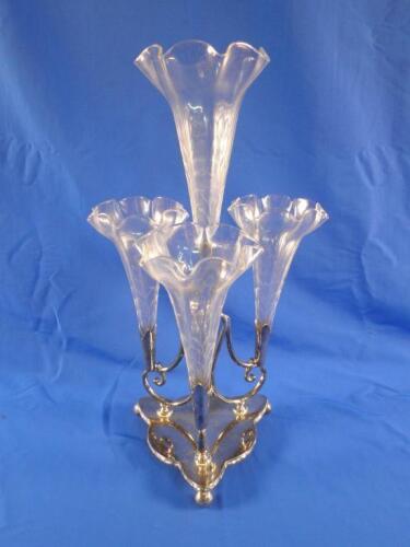 A Victorian cut glass and silver plated epergne with four trumpet shaped vases