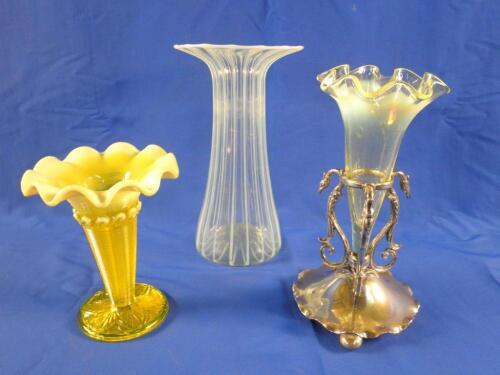 A Victorian vaseline glass vase of flared form with ribbed decoration 20cm