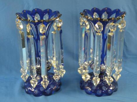 A pair of Bohemian type blue and clear glass table lustres