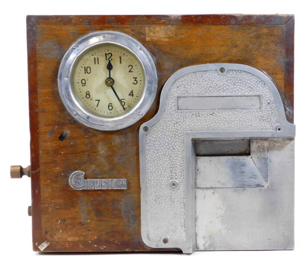 A Gensign mahogany cased pigeon racing timer clock, 32cm high, 35cm wide.