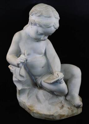 A 19thC marble figure of a seated putti, holding quill and book, wearing headband, on a rock work base, unsigned, 48cm high.