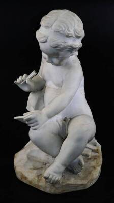 A 19thC marble figure of a seated putti, holding quill and book, wearing headband, on a rock work base, unsigned, 48cm high. - 2